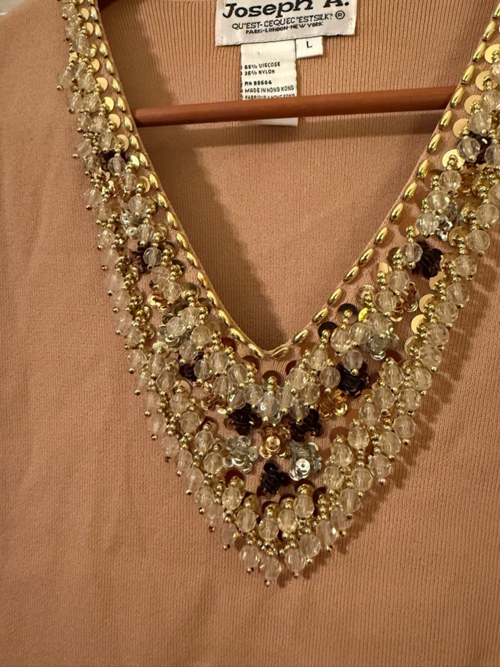 Joseph A. Embellished V-Neck Sleeveless Shell in Beige and Gold